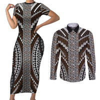 Brown Tongan Polynesian Tribal Couples Matching Short Sleeve Bodycon Dress and Long Sleeve Button Shirt - Polynesian Pride