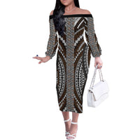 Brown Tongan Polynesian Tribal Family Matching Off The Shoulder Long Sleeve Dress and Hawaiian Shirt - Polynesian Pride