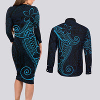 Black Blue Polynesian Tribal Couples Matching Long Sleeve Bodycon Dress and Long Sleeve Button Shirt - Polynesian Pride
