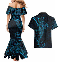 Black Blue Polynesian Tribal Couples Matching Mermaid Dress and Hawaiian Shirt - Polynesian Pride