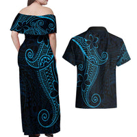 Black Blue Polynesian Tribal Couples Matching Off Shoulder Maxi Dress and Hawaiian Shirt - Polynesian Pride