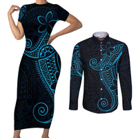 Black Blue Polynesian Tribal Couples Matching Short Sleeve Bodycon Dress and Long Sleeve Button Shirt - Polynesian Pride