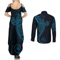 Black Blue Polynesian Tribal Couples Matching Summer Maxi Dress and Long Sleeve Button Shirt - Polynesian Pride