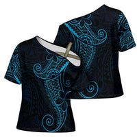 Black Blue Polynesian Tribal Cross Shoulder Shirt - Polynesian Pride