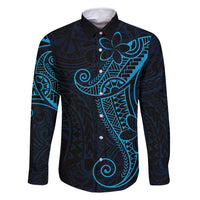 Black Blue Polynesian Tribal Family Matching Long Sleeve Bodycon Dress and Hawaiian Shirt LT9 Dad's Shirt - Long Sleeve Blue - Polynesian Pride