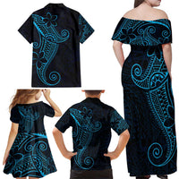 Black Blue Polynesian Tribal Family Matching Off Shoulder Maxi Dress and Hawaiian Shirt - Polynesian Pride