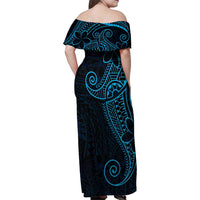 Black Blue Polynesian Tribal Family Matching Off Shoulder Maxi Dress and Hawaiian Shirt - Polynesian Pride