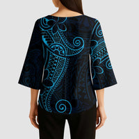Black Blue Polynesian Tribal Kimono Sleeve Blouse - Polynesian Pride