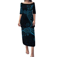 Black Blue Polynesian Tribal Puletasi LT9 Long Dress Blue - Polynesian Pride