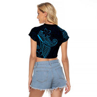 Black Blue Polynesian Tribal Raglan Cropped T Shirt - Polynesian Pride