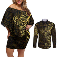 Black Gold Polynesian Tribal Couples Matching Off Shoulder Short Dress and Long Sleeve Button Shirt LT9 Gold - Polynesian Pride