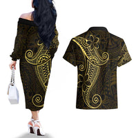 Black Gold Polynesian Tribal Couples Matching Off The Shoulder Long Sleeve Dress and Hawaiian Shirt - Polynesian Pride