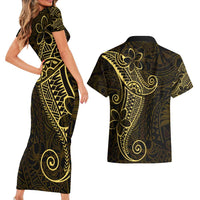 Black Gold Polynesian Tribal Couples Matching Short Sleeve Bodycon Dress and Hawaiian Shirt - Polynesian Pride