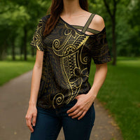 Black Gold Polynesian Tribal Cross Shoulder Shirt - Polynesian Pride