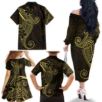 Black Gold Polynesian Tribal Family Matching Off The Shoulder Long Sleeve Dress and Hawaiian Shirt - Polynesian Pride