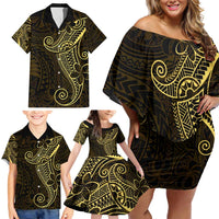 Black Gold Polynesian Tribal Family Matching Off Shoulder Short Dress and Hawaiian Shirt - Polynesian Pride
