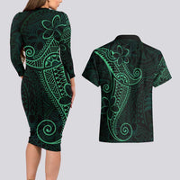 Black Green Polynesian Tribal Couples Matching Long Sleeve Bodycon Dress and Hawaiian Shirt - Polynesian Pride