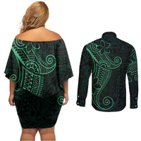 Black Green Polynesian Tribal Couples Matching Off Shoulder Short Dress and Long Sleeve Button Shirt - Polynesian Pride