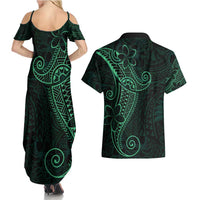 Black Green Polynesian Tribal Couples Matching Summer Maxi Dress and Hawaiian Shirt - Polynesian Pride
