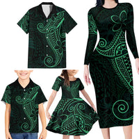Black Green Polynesian Tribal Family Matching Long Sleeve Bodycon Dress and Hawaiian Shirt - Polynesian Pride