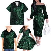 Black Green Polynesian Tribal Family Matching Off The Shoulder Long Sleeve Dress and Hawaiian Shirt - Polynesian Pride
