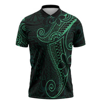Black Green Polynesian Tribal Zipper Polo Shirt - Polynesian Pride