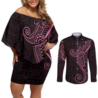 Black Pink Polynesian Tribal Couples Matching Off Shoulder Short Dress and Long Sleeve Button Shirt LT9 Pink - Polynesian Pride