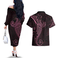 Black Pink Polynesian Tribal Couples Matching Off The Shoulder Long Sleeve Dress and Hawaiian Shirt - Polynesian Pride