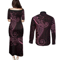 Black Pink Polynesian Tribal Couples Matching Puletasi and Long Sleeve Button Shirt - Polynesian Pride