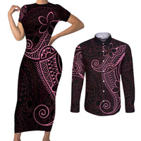 Black Pink Polynesian Tribal Couples Matching Short Sleeve Bodycon Dress and Long Sleeve Button Shirt LT9 Pink - Polynesian Pride