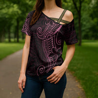 Black Pink Polynesian Tribal Cross Shoulder Shirt - Polynesian Pride