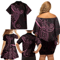 Black Pink Polynesian Tribal Family Matching Off Shoulder Short Dress and Hawaiian Shirt - Polynesian Pride