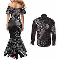 Black White Polynesian Tribal Couples Matching Mermaid Dress and Long Sleeve Button Shirt - Polynesian Pride