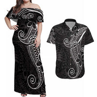 Black White Polynesian Tribal Couples Matching Off Shoulder Maxi Dress and Hawaiian Shirt - Polynesian Pride