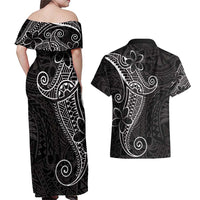 Black White Polynesian Tribal Couples Matching Off Shoulder Maxi Dress and Hawaiian Shirt - Polynesian Pride