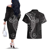 Black White Polynesian Tribal Couples Matching Off The Shoulder Long Sleeve Dress and Hawaiian Shirt - Polynesian Pride