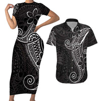 Black White Polynesian Tribal Couples Matching Short Sleeve Bodycon Dress and Hawaiian Shirt - Polynesian Pride