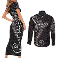 Black White Polynesian Tribal Couples Matching Short Sleeve Bodycon Dress and Long Sleeve Button Shirt - Polynesian Pride