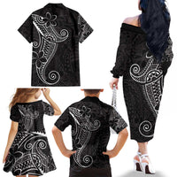 Black White Polynesian Tribal Family Matching Off The Shoulder Long Sleeve Dress and Hawaiian Shirt - Polynesian Pride