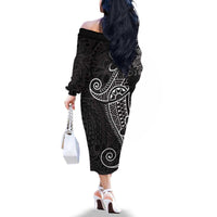 Black White Polynesian Tribal Family Matching Off The Shoulder Long Sleeve Dress and Hawaiian Shirt - Polynesian Pride