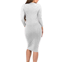 Lotu Tamaiti White Tongan Ngatu Long Sleeve Bodycon Dress Polynesian Tribal Fonulei Pattern - Polynesian Pride