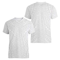 Lotu Tamaiti White Tongan Ngatu Women V-Neck T-Shirt Polynesian Tribal Fonulei Pattern - Polynesian Pride