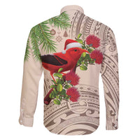 Christmas Hawaii with I'iwi Bird Family Matching Off Shoulder Short Dress and Hawaiian Shirt Aloha Mele Kalikimaka - Beige Art