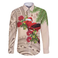 Christmas Hawaii with I'iwi Bird Family Matching Tank Maxi Dress and Hawaiian Shirt Aloha Mele Kalikimaka - Beige Art LT9 Dad's Shirt - Long Sleeve Beige - Polynesian Pride