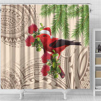 Christmas Hawaii with I'iwi Bird Shower Curtain Aloha Mele Kalikimaka - Beige Art