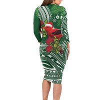 Christmas Hawaii with I'iwi Bird Family Matching Long Sleeve Bodycon Dress and Hawaiian Shirt Aloha Mele Kalikimaka - Green Art