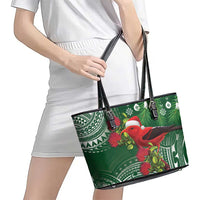 Christmas Hawaii with I'iwi Bird Leather Tote Bag Aloha Mele Kalikimaka - Green Art