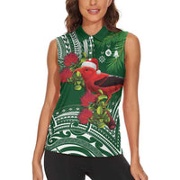 Christmas Hawaii with I'iwi Bird Women Sleeveless Polo Shirt Aloha Mele Kalikimaka - Green Art