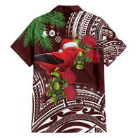 Christmas Hawaii with I'iwi Bird Family Matching Off The Shoulder Long Sleeve Dress and Hawaiian Shirt Aloha Mele Kalikimaka - Oxblood Art