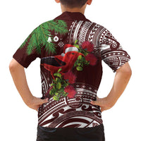 Christmas Hawaii with I'iwi Bird Family Matching Off Shoulder Short Dress and Hawaiian Shirt Aloha Mele Kalikimaka - Oxblood Art LT9 - Polynesian Pride